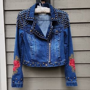 Studded Blue Denim Jacket with Floral Accents